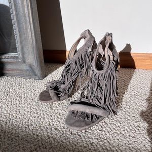 Steve Madden taupe suede fringe 4” heeled sandal stiletto